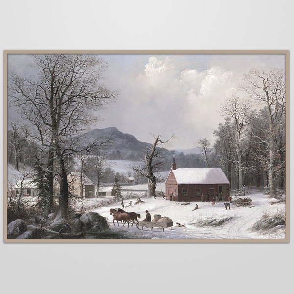 Winter School House Oil Painting | Printable Antique Wall Decore | Christmas Decor | Digital Download - ART-0008