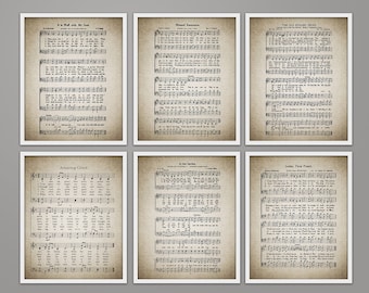 Vintage Hymn Prints - Set of 6 - Amazing Grace - Old Rugged Cross - It Is Well - Printable Sheet Music - Instant Download - Christian Art