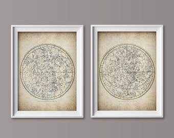 Star Map - Start Chart of Northern & Southern Hemisphere - Astronomy - Constellation Map Vintage - Instant Download - Ready to Print - #022
