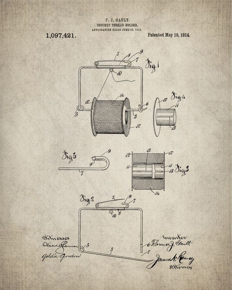 Vintage Crochet Thread Holder Patent Poster Print Crochet Etsy