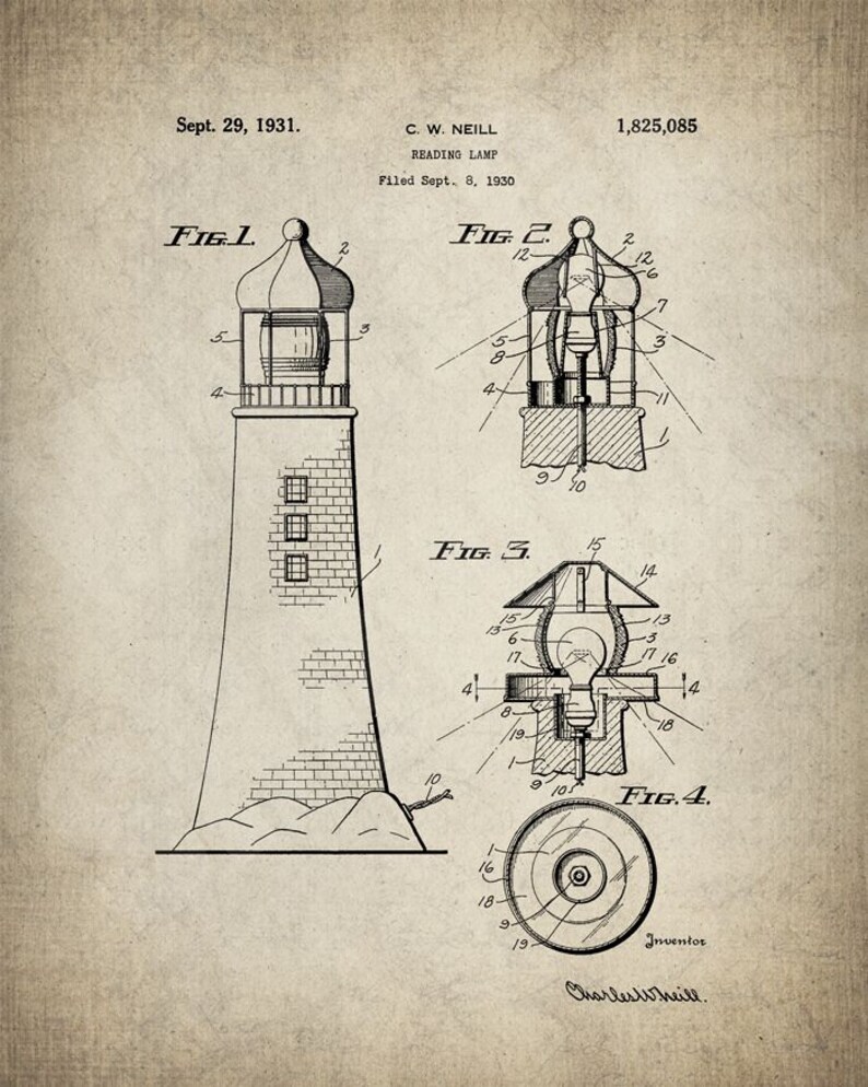 Lighthouse Patent Print - Beach House Art - Marine Art - Reading Lamp ...