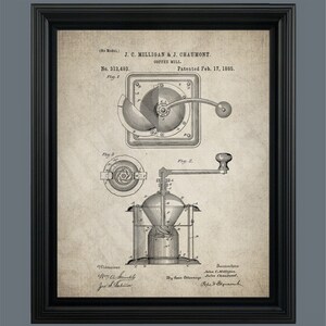 Puede incluir: Un dibujo de patente vintage para un molinillo de caf&eacute;, que muestra una ilustraci&oacute;n detallada del mecanismo. La patente se titula "Molinillo de caf&eacute;" y fue patentada el 17 de febrero de 1885, por J.C. Milligan y J. Chaumont.