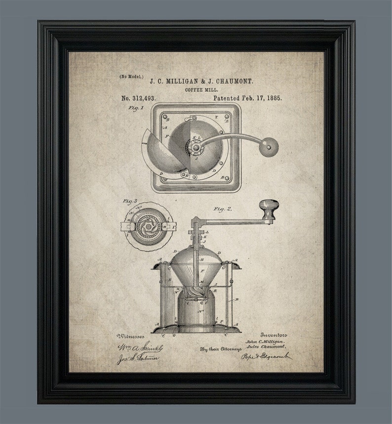 Puede incluir: Un dibujo de patente vintage para un molinillo de caf&eacute;, que muestra una ilustraci&oacute;n detallada del mecanismo. La patente se titula "Molinillo de caf&eacute;" y fue patentada el 17 de febrero de 1885, por J.C. Milligan y J. Chaumont.