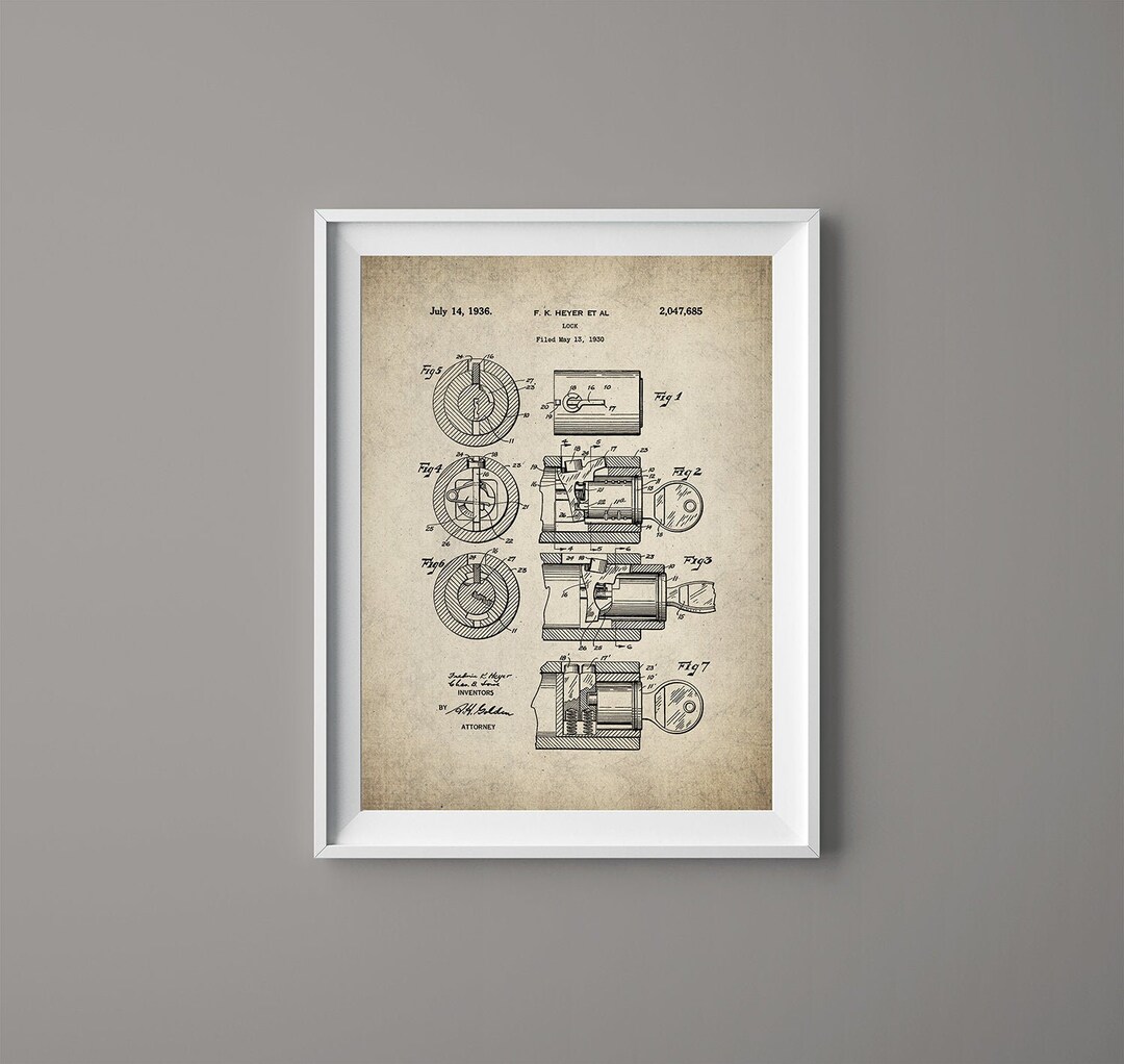 Tumbler Lock Patent Print Locksmith Gift Locksmith Art Lock and Key
