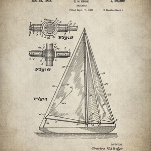 May include: A black and white line drawing of a sailboat patent. The patent is titled "Sailboat" and was filed on September 7, 1935. The patent number is 2,106,209. The inventor is Charles N. Edge.