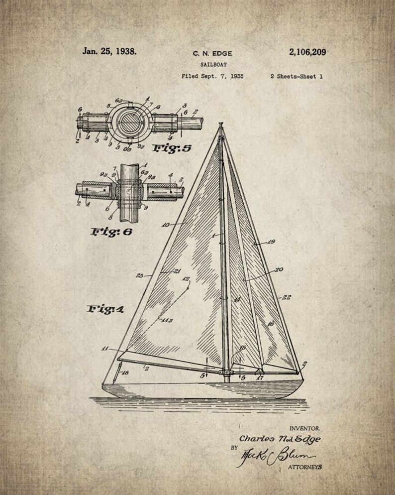 May include: A black and white line drawing of a sailboat patent. The patent is titled "Sailboat" and was filed on September 7, 1935. The patent number is 2,106,209. The inventor is Charles N. Edge.