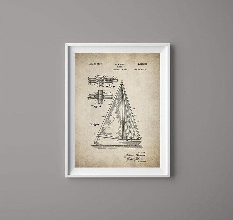 May include: A vintage black and white patent drawing of a sailboat. The drawing shows the sailboat's design and includes the text "June 28, 1938", "C. N. Ridge", "2,136,209", "Inventor: Charles N. Ridge", and "York & Blen", "ATTORNEYS".