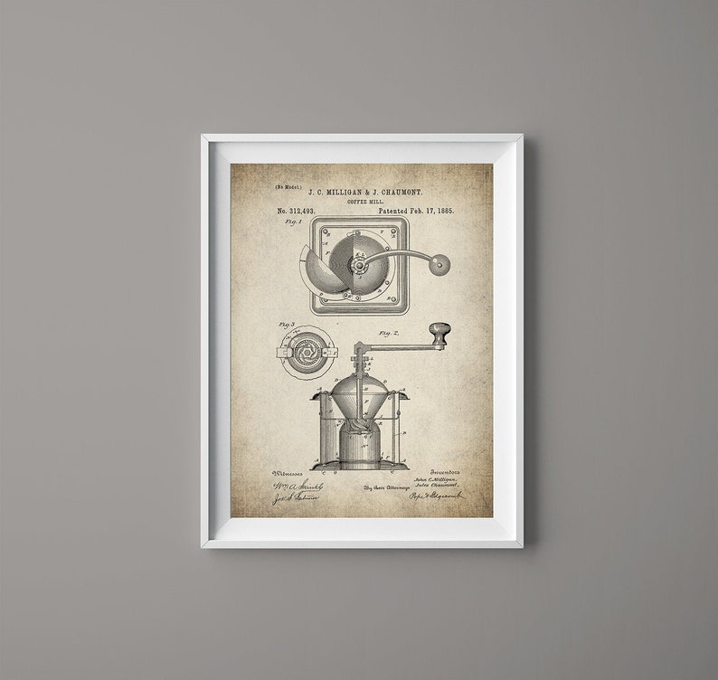 Puede incluir: Un dibujo de patente vintage para un molinillo de caf&eacute;, con una ilustraci&oacute;n detallada del mecanismo. El n&uacute;mero de patente es 213.493 y la fecha es el 17 de febrero de 1885. El texto dice "J. C. MILLIGAN & J. CHAUMONT. Molinillo de caf&eacute;."
