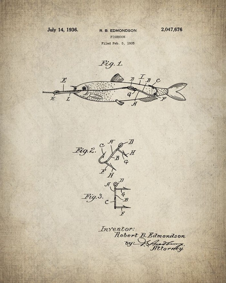 Fishing Hook Patent Print Vintage Fishing Lure Fishing Etsy