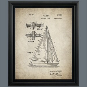 May include: Black and white line drawing of a sailboat patent, showing the design of the boat and its sails. The patent is dated January 25, 1938, and is titled "Sailboat" by inventor Charles N. Edge.