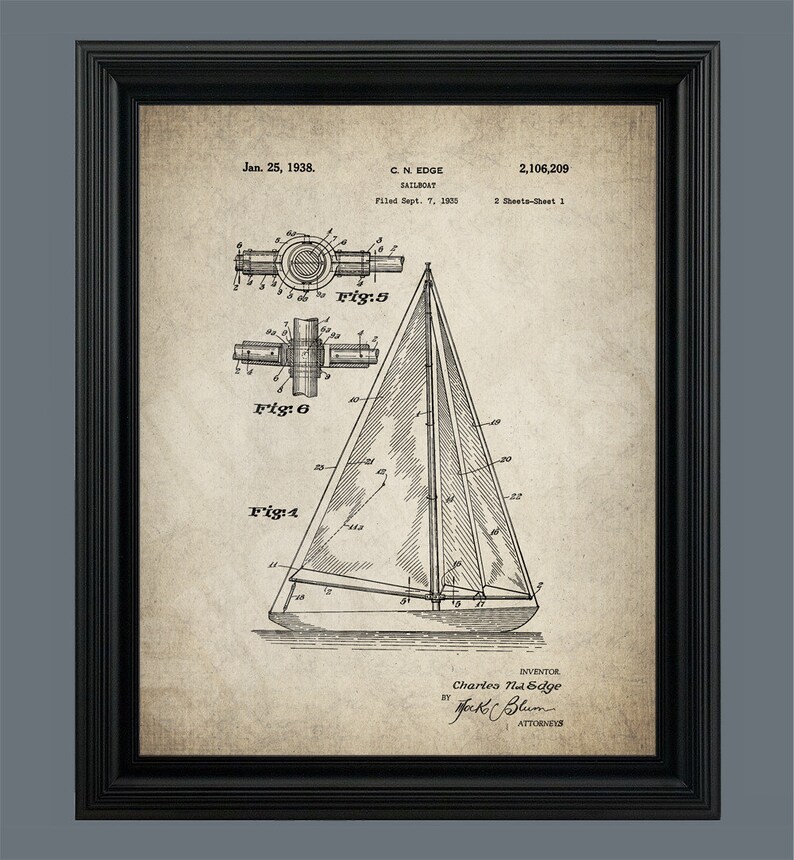 May include: Black and white line drawing of a sailboat patent, showing the design of the boat and its sails. The patent is dated January 25, 1938, and is titled "Sailboat" by inventor Charles N. Edge.