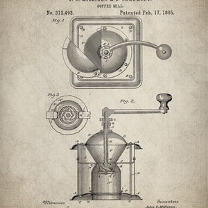 Puede incluir: Una ilustraci&oacute;n vintage en blanco y negro de un dibujo de patente de un molinillo de caf&eacute;. El dibujo muestra una vista lateral del molinillo de caf&eacute; con una manivela y una tolva. El n&uacute;mero de patente es 312.493 y la fecha es el 17 de febrero de 1885. Los inventores son J.C. Milligan y J. Chaumont.