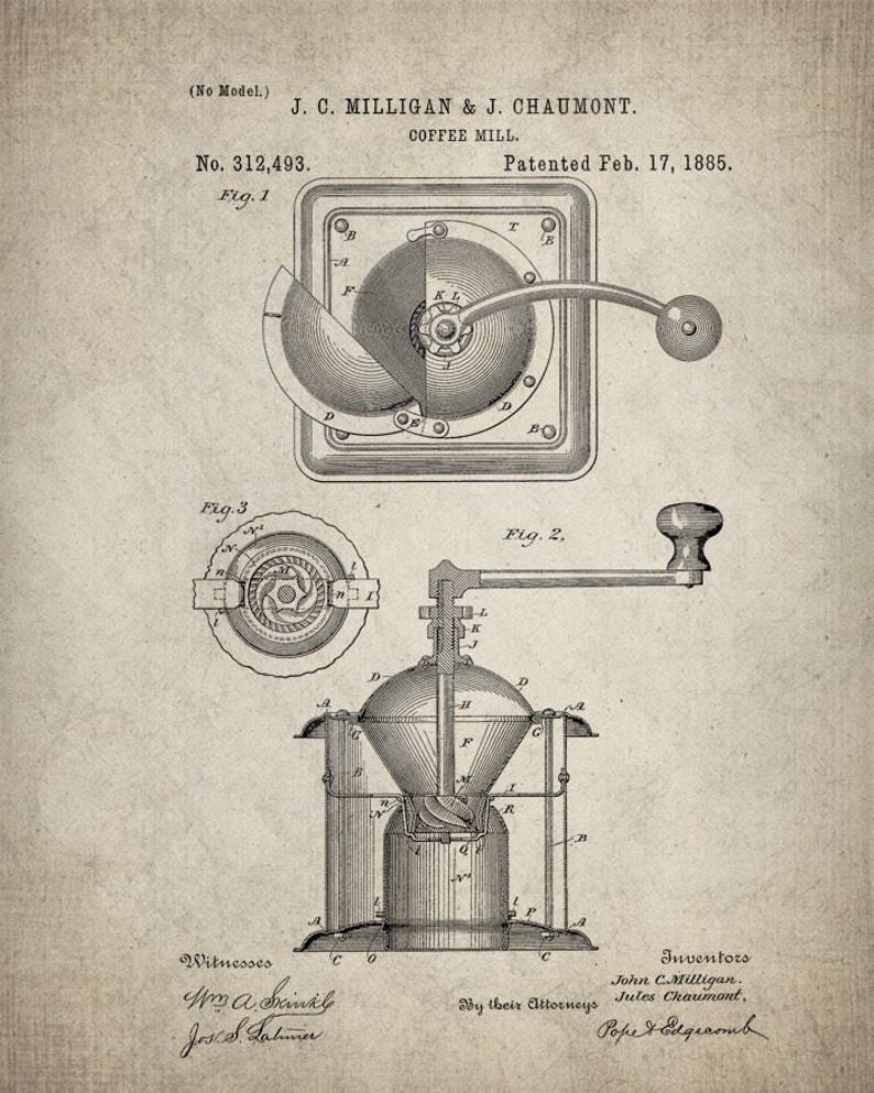 Puede incluir: Una ilustraci&oacute;n vintage en blanco y negro de un dibujo de patente de un molinillo de caf&eacute;. El dibujo muestra una vista lateral del molinillo de caf&eacute; con una manivela y una tolva. El n&uacute;mero de patente es 312.493 y la fecha es el 17 de febrero de 1885. Los inventores son J.C. Milligan y J. Chaumont.