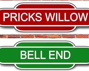 PERSONALISED RAILWAY Station ' Totem ' style Aluminium SIGN ~ old style rail train printed metal wall plaque - customised with your own text