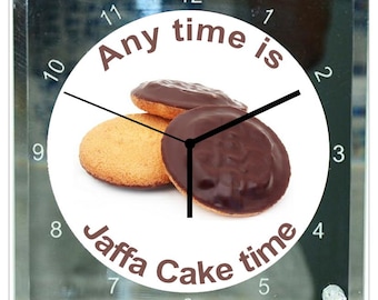 Any Time Is Jaffa Cakes Time ~ DESK CLOCK 20 x 20cm ~ glass bodied clocks ~ jaffa orange cake biscuit biscuits lovers gift