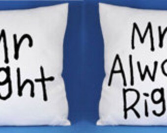 MR and Mrs Right - pair of 2 CUSHION COVERS 40cm square - great novelty cover set for wedding present or anniversary (cushions not included)