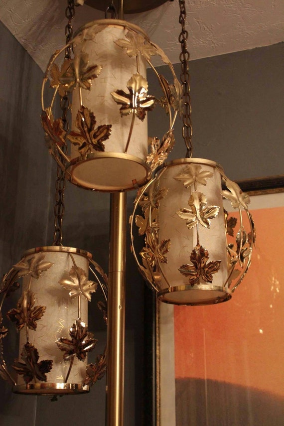 Gold Metal Finish Leaves Tension Pole Lamp Extra Tall Ceiling