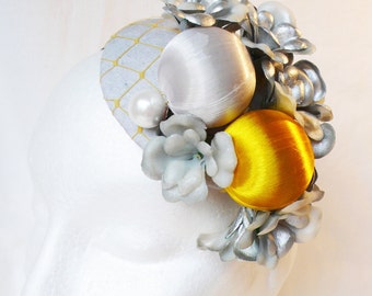 Silver and yellow fascinator burlesque hat wedding bridesmaid ascot races goodwood vintage unique