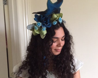 Headpiece bridal crown floral bird blue grey turquoise