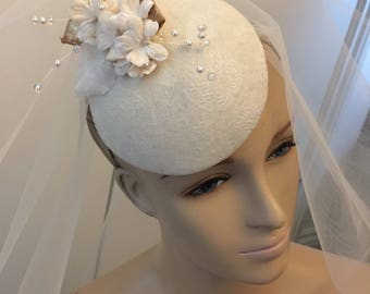 Wedding headress, fascinator, vintage gold, with antique veil.