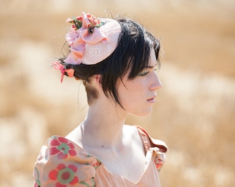 Peach fascinator hat headpiece wedding bridesmaid ascot races goodwood boho vintage hippie flowers unique