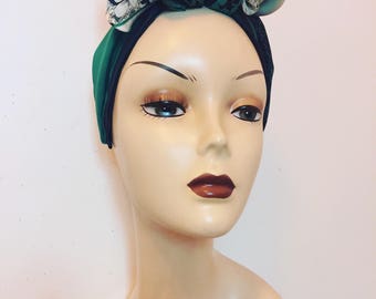 Green and cream 'Forties' inspired turban, topknot, facinator, attached to an Alice band.