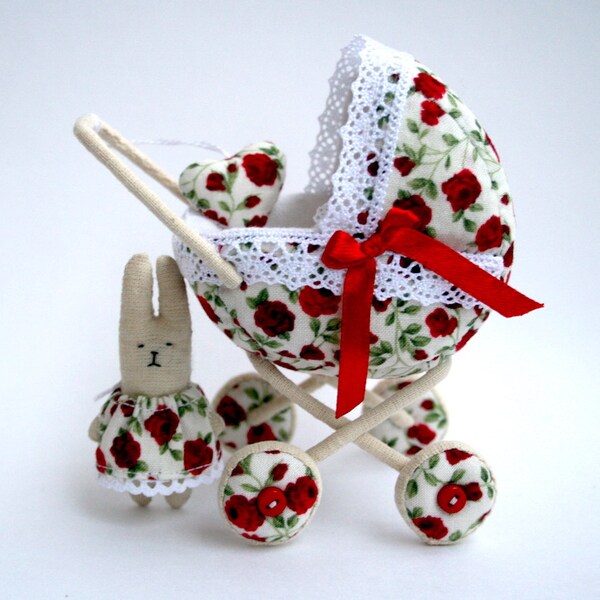 Baby Carriage with Bunny and Heart - Miniature Dollhouse Pram/ Girl Baby Shower, New Mom, gift for baby girl
