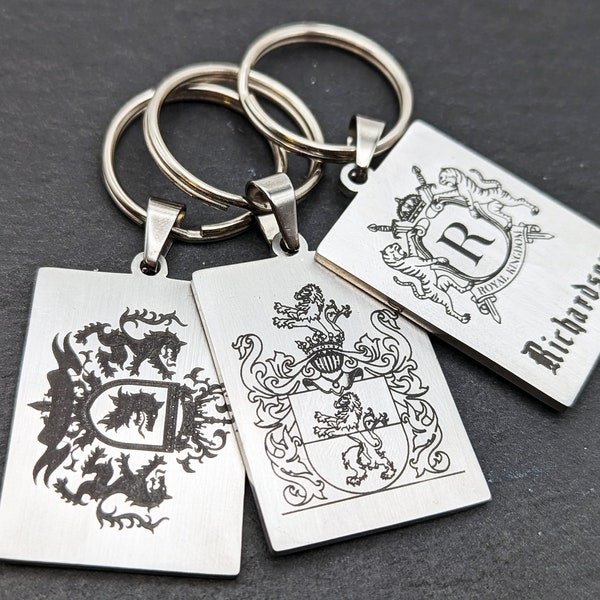 Personalised coat of arms / family crest keyring laser engraved stainless steel and gift box. Design your own.