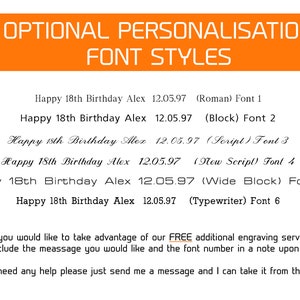 May include: A list of different font styles for personalization. The text reads: "Happy 18th Birthday Alex 12.05.97 (Roman) Font 1" and continues with different font styles and numbers.