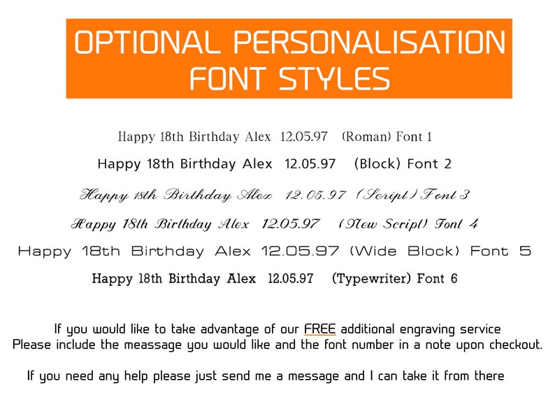 May include: A list of different font styles for personalization. The text reads: "Happy 18th Birthday Alex 12.05.97 (Roman) Font 1" and continues with different font styles and numbers.