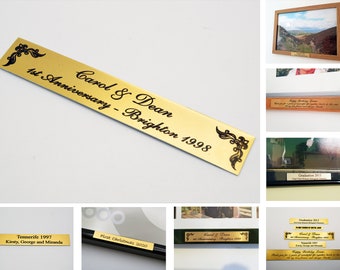 Personalised picture frame plaques. Multiple & custom sizes, Laser engraved, gold aluminium