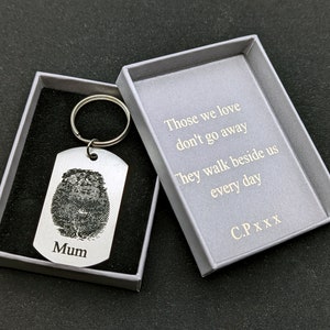 Personalised fingerprint keyring laser engraved stainless steel and gift box. Memorial Keepsake thumbprint key ring / finger print key chain