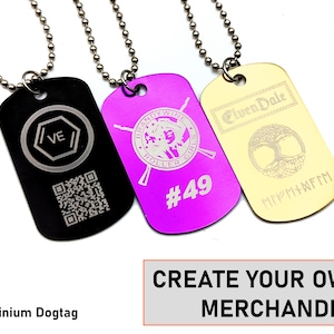 May include: Three personalised aluminium dog tags with chains. The first tag is black with a silver logo and a QR code. The second tag is purple with a silver logo and the text "BRANDY WINE ROLLER GIRLS #49". The third tag is gold with the text "Elven Dale" and a tree design with runes.