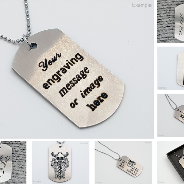 Personalised laser engraved stainless steel army style dog tag and gift box. Design your own.