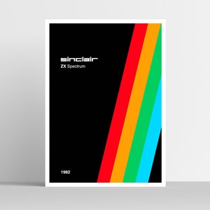 May include: A black and white poster with a diagonal stripe design in red, orange, green, and blue. The poster features the text "Sinclair ZX Spectrum 1982".