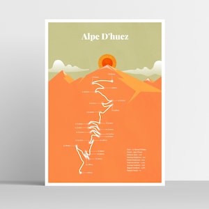 Alpe d&#39;Huez Route Cycling Giclee Print (21 hairpin bends) - Gift illustration for cyclists