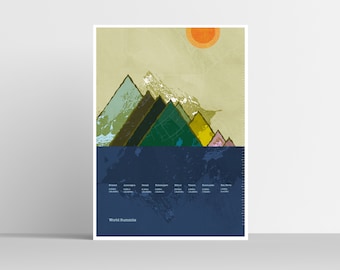 Mountain Elevation World Summits Poster / Everest / climbing / hiking / illustration print