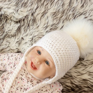 White Baby hat, Pom pom hat, Baby pom hat, Crochet fur Pom Pom Hat, Earflap hat, Gender neutral Newborn hat, Unisex baby hat, Boy girl hat image 1