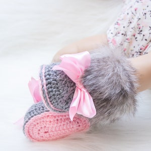 Gray and pink fur booties, Newborn girl shoes, Preemie girl shoes, Crochet slippers, Baby girl gift, Baby girl shoes, Baby girl boots, Uggs image 1