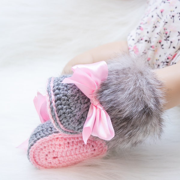Gray and pink fur booties, Newborn girl shoes, Preemie girl shoes, Crochet slippers, Baby girl gift, Baby girl shoes, Baby girl boots, Uggs