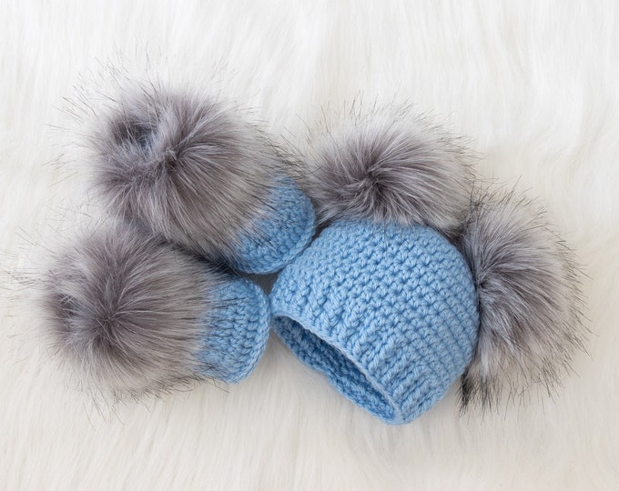 Baby Boy double pom pom hat and booties set, Baby boy gift, Fur pom pom beanie, Crochet baby booties, Baby boy clothes, Newborn boy clothes