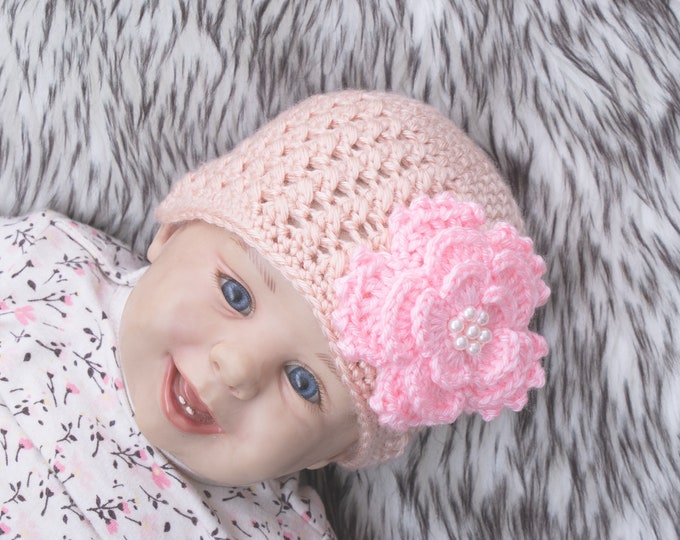 Peach melba Baby girl flower hat, Newborn girl hat, Crochet baby girl hat, Preemie girl hat, Flower beanie, Baby girl gift, Baby girl beanie