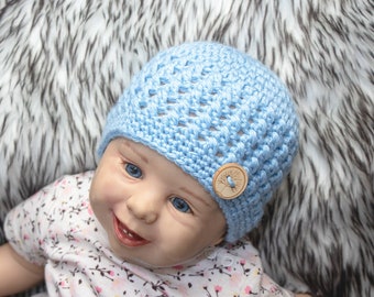 Baby boy hat, Baby boy beanie, Newborn boy hat, Newborn boy beanie, Crochet baby beanie, Baby Button Hat, Blue baby Hat, Preemie boy hat