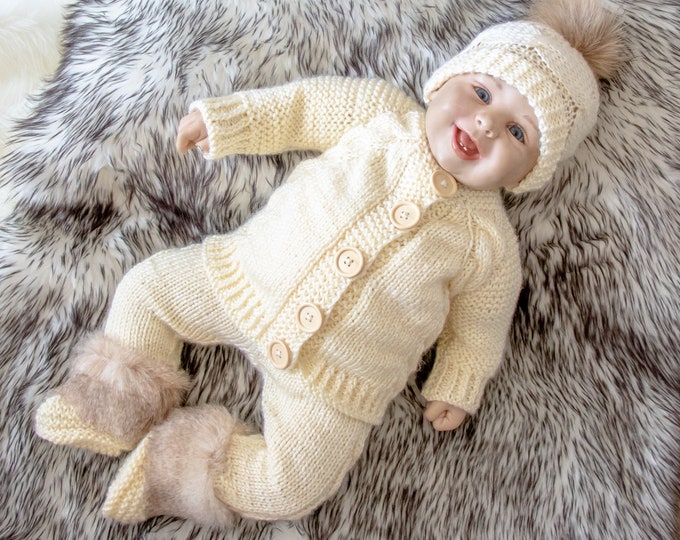 Neutral Hand Knitted Newborn Baby home coming outfit, Baby knitwear, 0-3months baby Take home outfit, Cardigan, pants, hat and booties