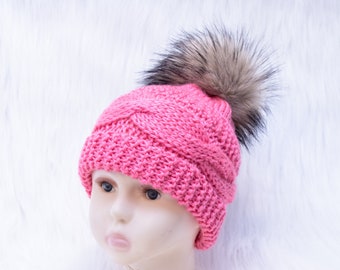 Raspberry pink fur pom pom hat, Women's Hat, Toddler girl hat, Baby winter hat, Knitted winter hat, Newborn girl hat, Teen girl winter hat