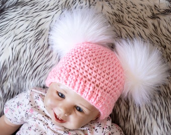 PINK Personalised Double Faux Raccoon Fur Pom Pom Knitted Winter Baby Hat