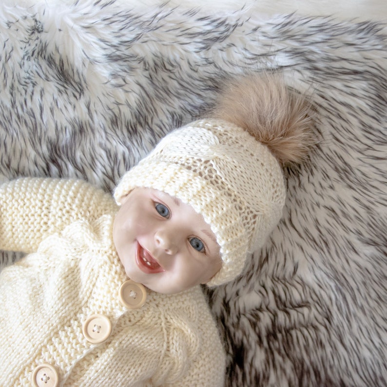 Cream hand knitted hat with faux fur pom pom, Teen-adult hat, Baby hat, Toddler hat, Winter hat, Gender neutral hat, Newborn hat, Unisex hat image 5