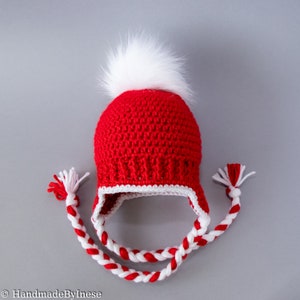 Christmas hat, Crochet baby hat, Earflap hat, Fur pom hat, Winter hat, Baby photo prop Hat, Kids hat, Newborn hat, Red and white Preemie hat image 2
