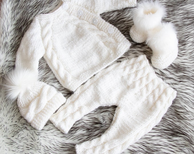 White Hand Knitted baby home coming outfit, Gender neutral take home outfit, Newborn Coming Home Outfit, Baby sweater pants hat and booties