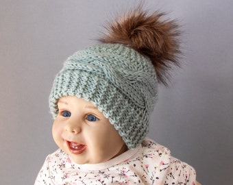 Hand knitted pom pom hat, Newborn hat, Preemie hat, Winter hat, Toddler hat